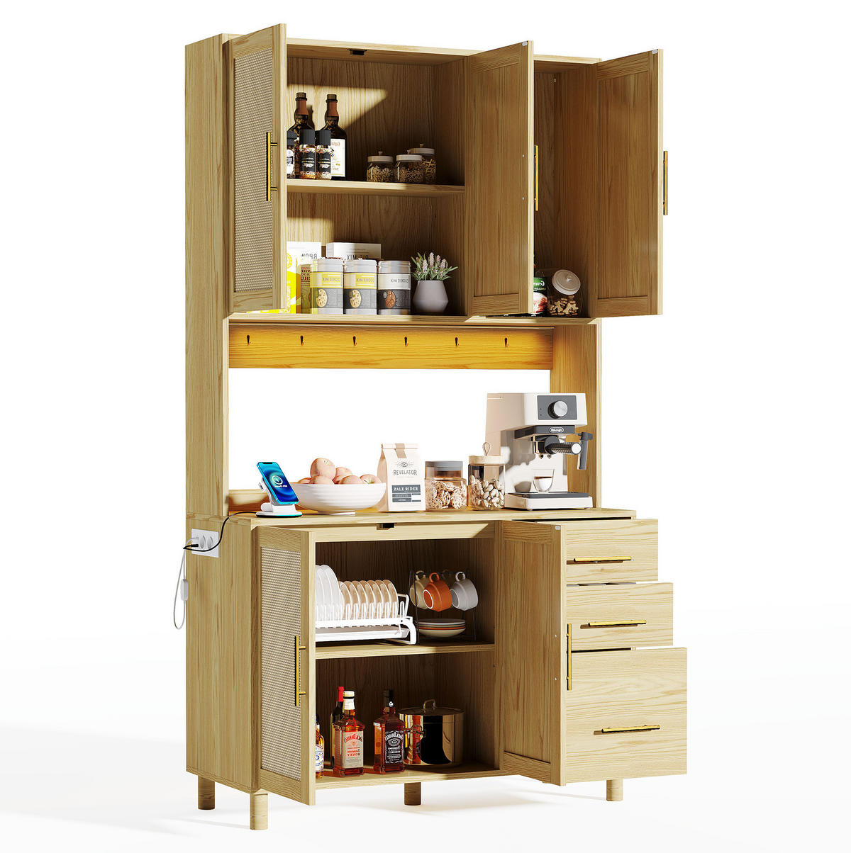 BUFFET aus MDF 100x40x183 cm Naturfarben mit LED-Beleuchtung, 2 Steckdosen, USB-Anschluss und viel Stauraum - Naturfarben, Holzwerkstoff (100/183/40cm) - Modfu