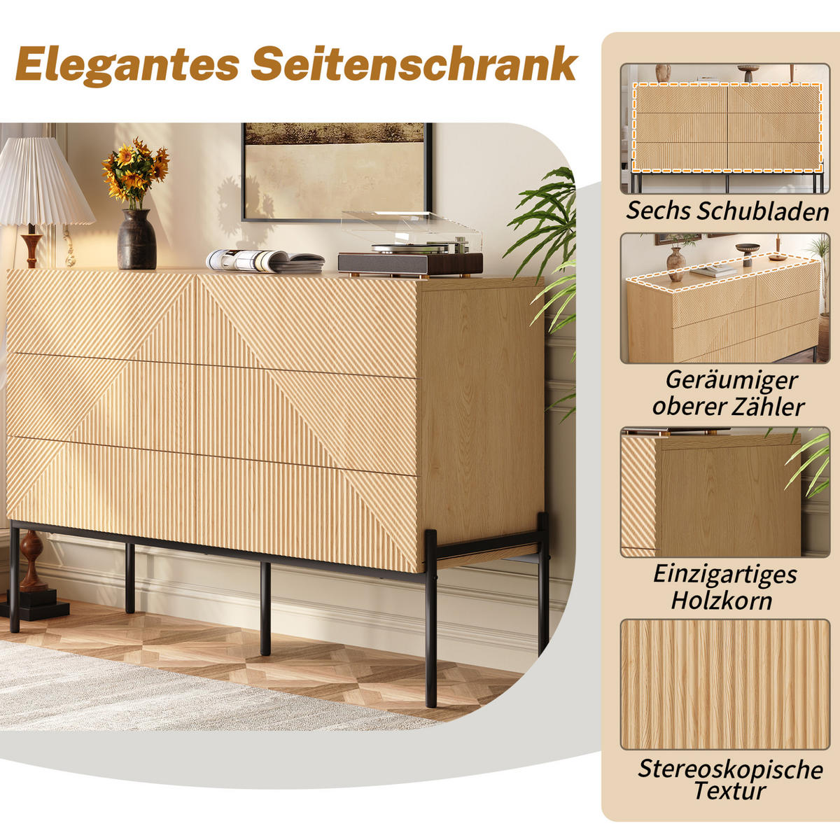 SIDEBOARD 115,5/38/75 cm in Natur mit 6 Schubladen und 3D-Front - Naturfarben, Holzwerkstoff (115.5/75/38cm) - Flora Grace