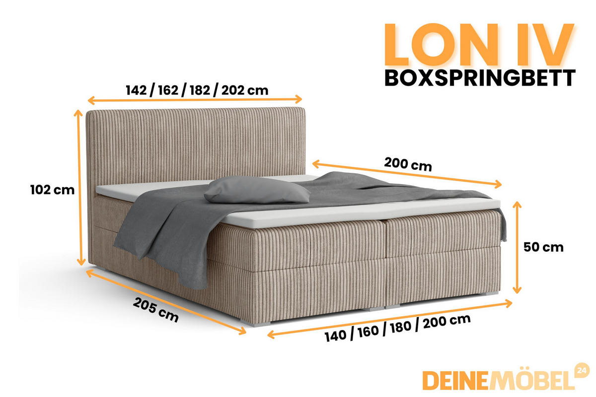 BOXBETT LON IV 180/200 in Cord Beige H4 - Beige, Holz/Holzwerkstoff (180/200cm) - Deine Möbel 24