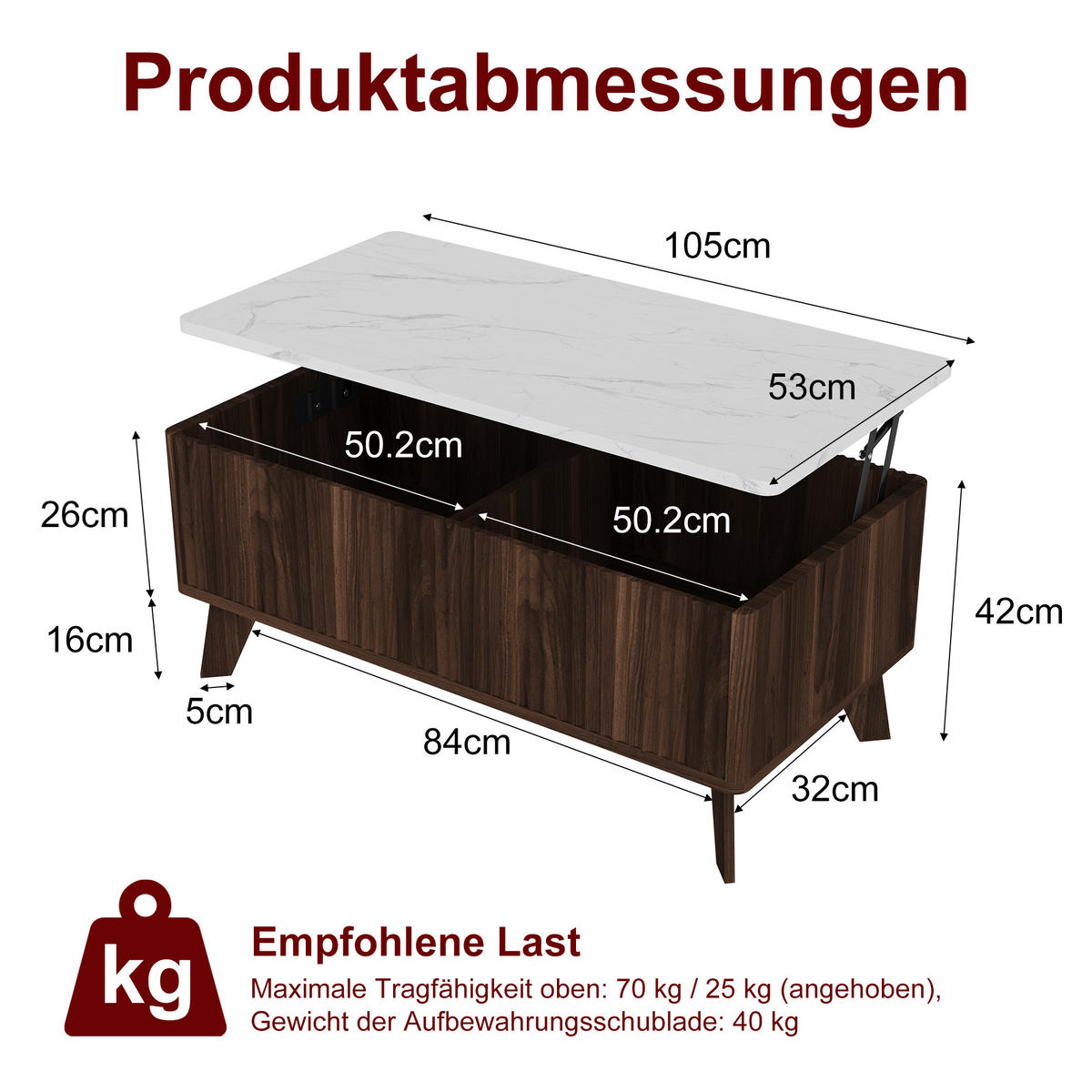 COUCHTISCH NUSSBAUM klappbare Tischplatte & großes Fach - Walnussfarben, Holz (105/32/42cm) - SHOPENTRA