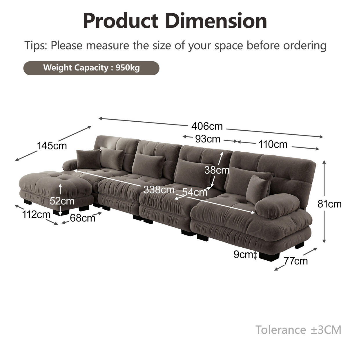 ECKSOFA 406/145/81 cm modular Braun aus Chenille mit beweglichen Hockern - Braun, Textil (145/406cm) - OKWISH