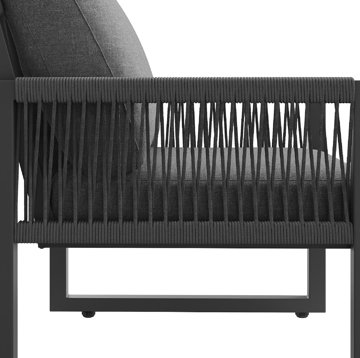 GARTENLOUNGE-SET 184/64/80 cm mit Tisch, Seilgeflecht, Glasplatte und Polsterkissen, Grau - Grau, Metall - Redom