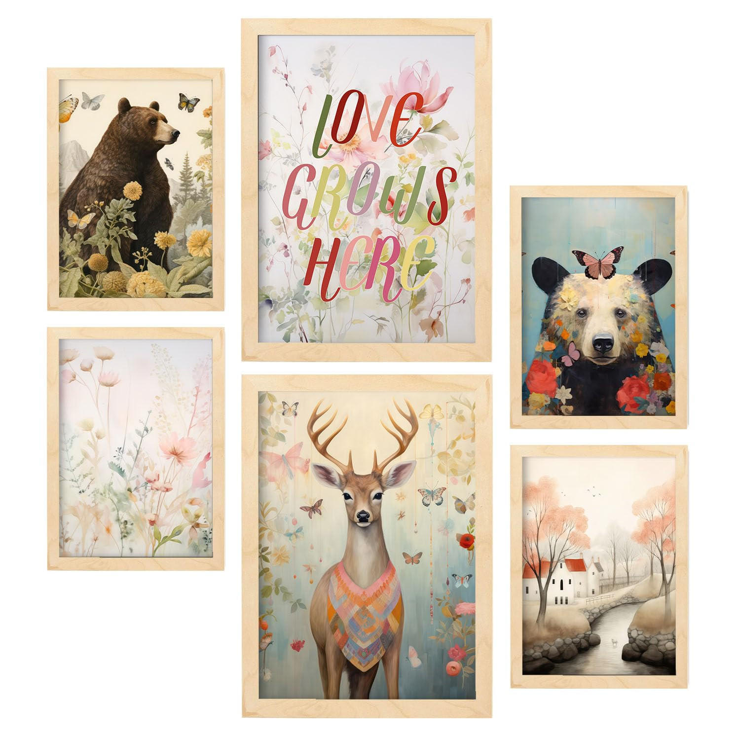 POSTER Set Mit 6 Blumen & Schmetterlinge A3 & A4 Rahmen Aus Hellem Holz - Beige, Papier (29/3cm) - Nacnic