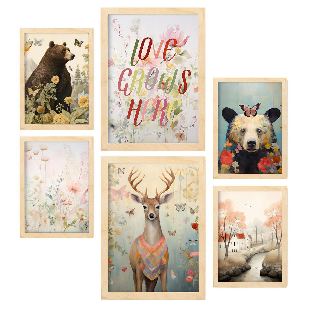 POSTER Set Mit 6 Blumen & Schmetterlinge A3 & A4 Rahmen Aus Hellem Holz - Beige, Papier (29/3cm) - Nacnic