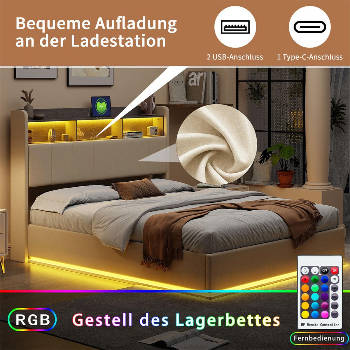 POLSTERBETT 140x190cm - Doppelbett mit RGB-LED-Beleuchtung am Kopfteil und Unterboden Stauraum-Kopfteil - Beige - Beige, Textil (140/190cm) - DELFA