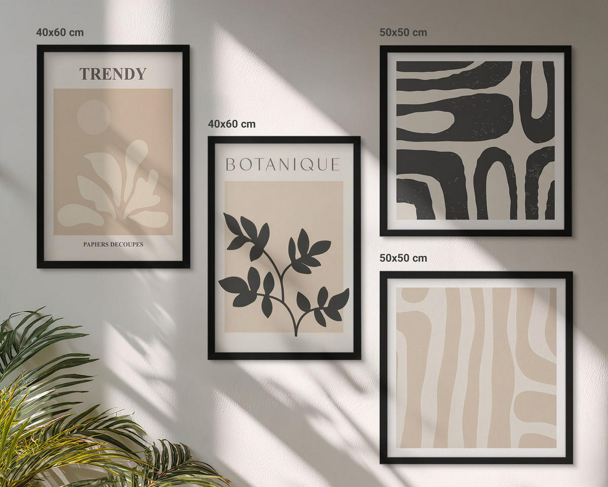 BILDER SET 4er Set - 50x50 cm & 40x60 cm Schwarzer Rahmen - Stilvolle Pflanzenmuster in Beige und Schwarz - Schwarz, Kunststoff (50/50cm) - TULUP