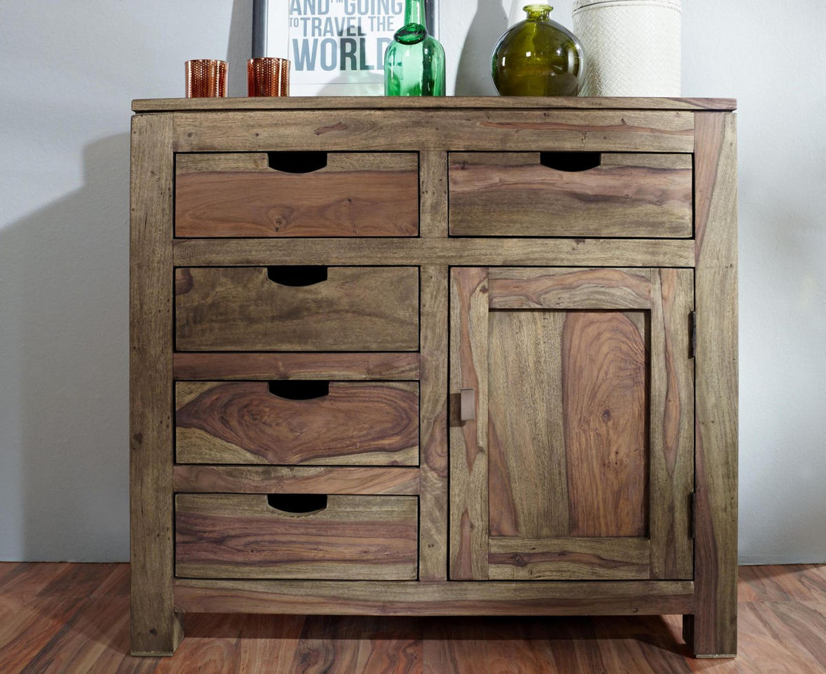 KOMMODE Sheesham 90x42x85 grau geölt NATURE GREY #88 - Grau, Holz (90/85/42cm) - Massivmoebel24