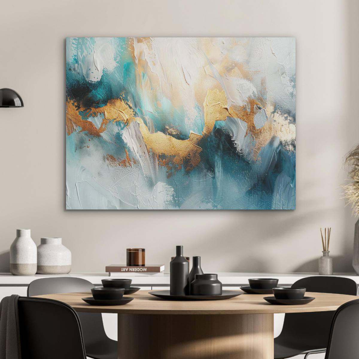 AKUSTIKPANEEL Abstrakt - Kunst - Gold - Blau 80x60 cm - Petrol, Textil (80/0.9/60cm) - MuchoWow