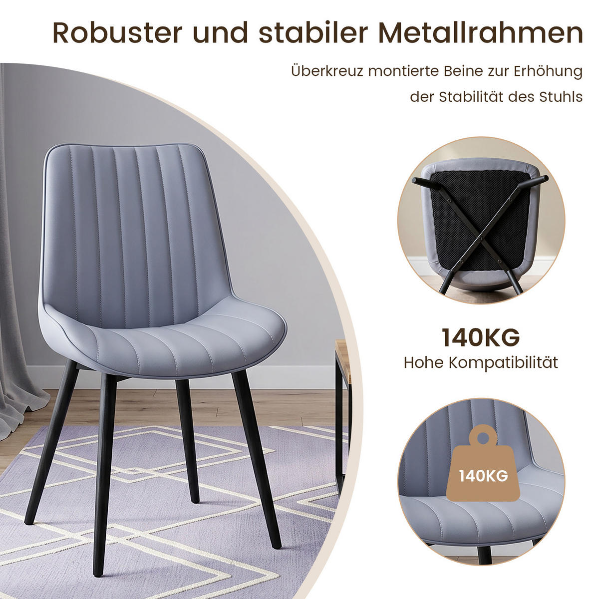 STUHL-SET 4 Stück Kunstleder-YZ1 - Dunkelgrau, Textil/Metall (62.5/88/53cm) - HOMAVO