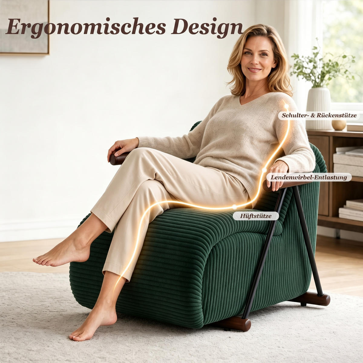 XXL-SESSEL mit Armlehnen, Cord Loungesessel, Ergonomisch, Grün - Grün, Textil/Metall (71/75/100cm) - LVHOM