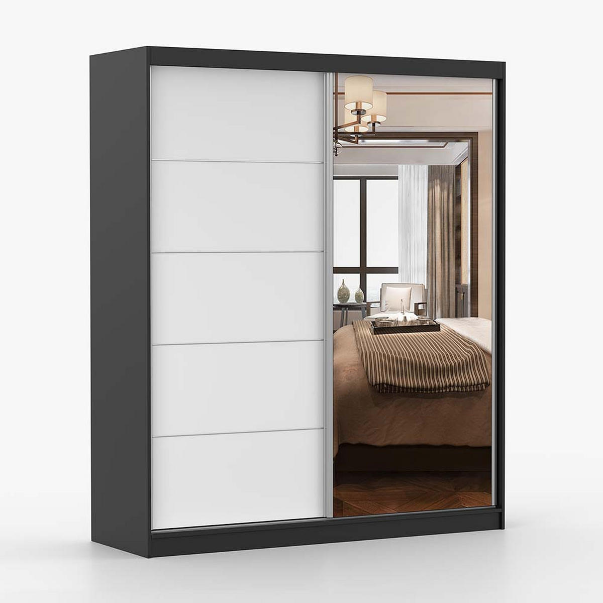 SCHWEBETÜRENSCHRANK 183/218/61 cm 2-türig Bella 03 Schwarz, Weiß - Alufarben/Schwarz, Glas/Holzwerkstoff (183/218/61cm) - imoebel24