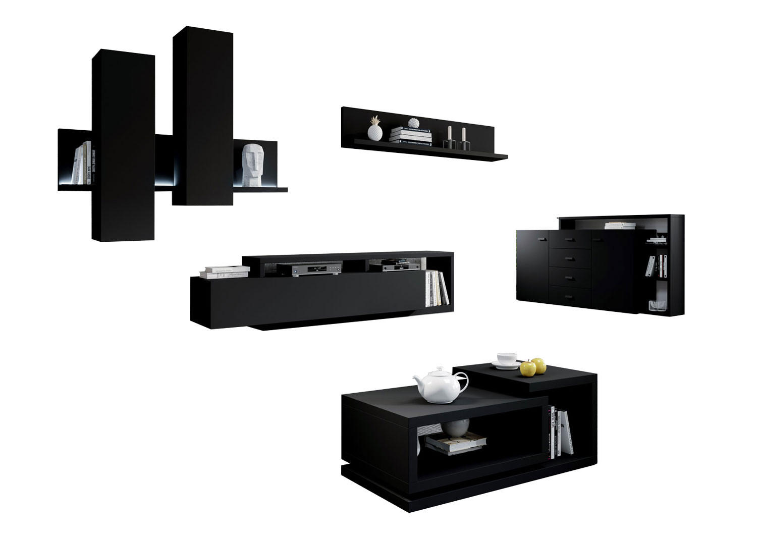 WOHNZIMMER-SET Bota schwarz matt 821x60x142cm - Schwarz, Holz/Holzwerkstoff (821/142/60cm) - Feldmann-Wohnen