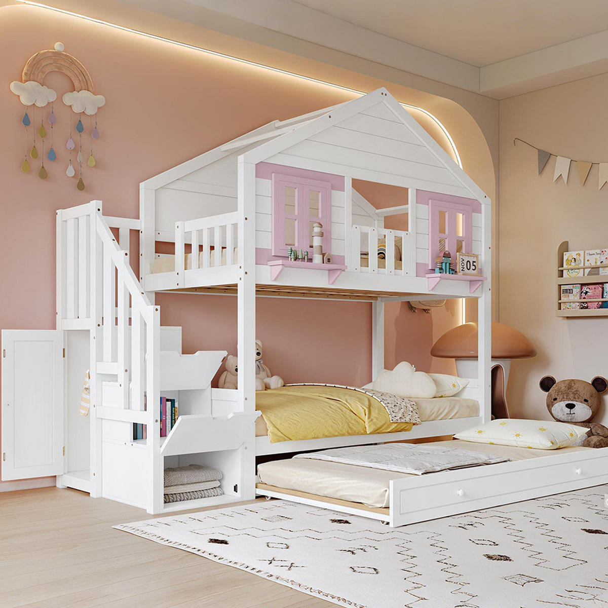 HAUSBETT 90x200cm mit Stabiler Lattenrost, Weiß+Rosa - Weiß, Holz (99/217cm) - KOMHTOM