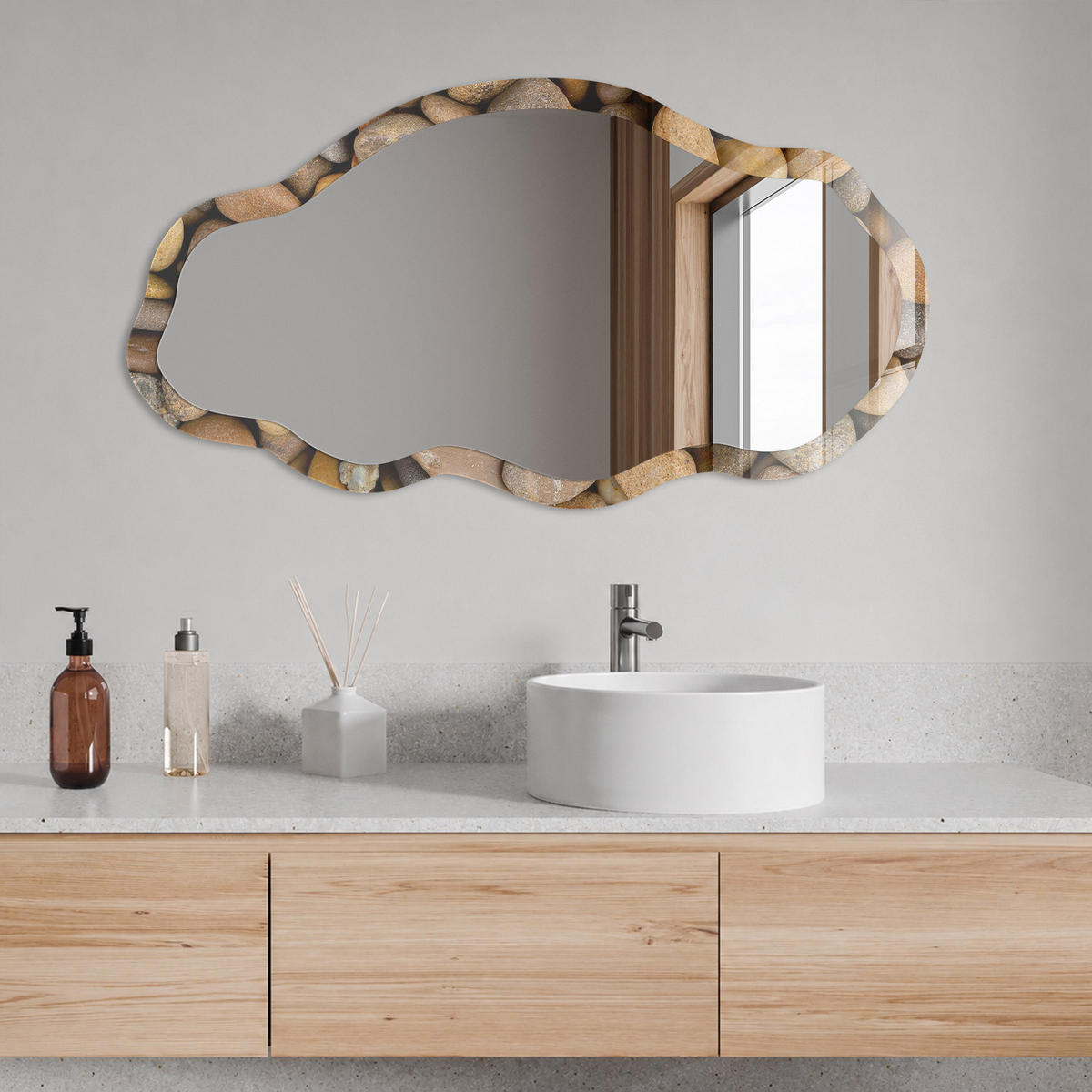 SPIEGEL 90x45 cm asymmetrisch mit Druck - Steinmosaik - Transparent, Glas (45/90/0.4cm) - TULUP
