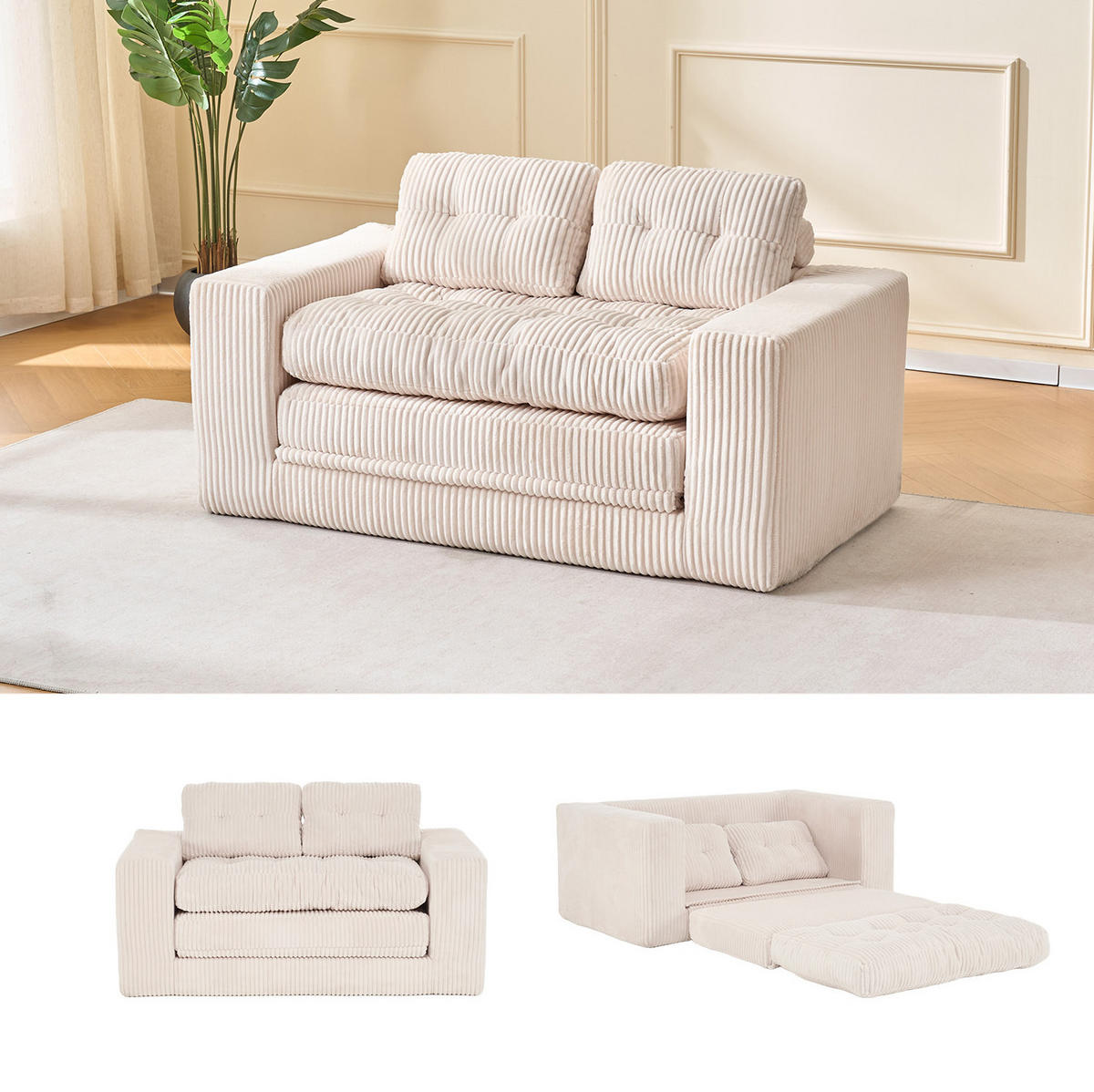 SCHLAFSOFA 2-in-1 rahmenloser Zweisitzer Cord Beige - Beige, Holzwerkstoff (85/54/140cm) - Meubliv