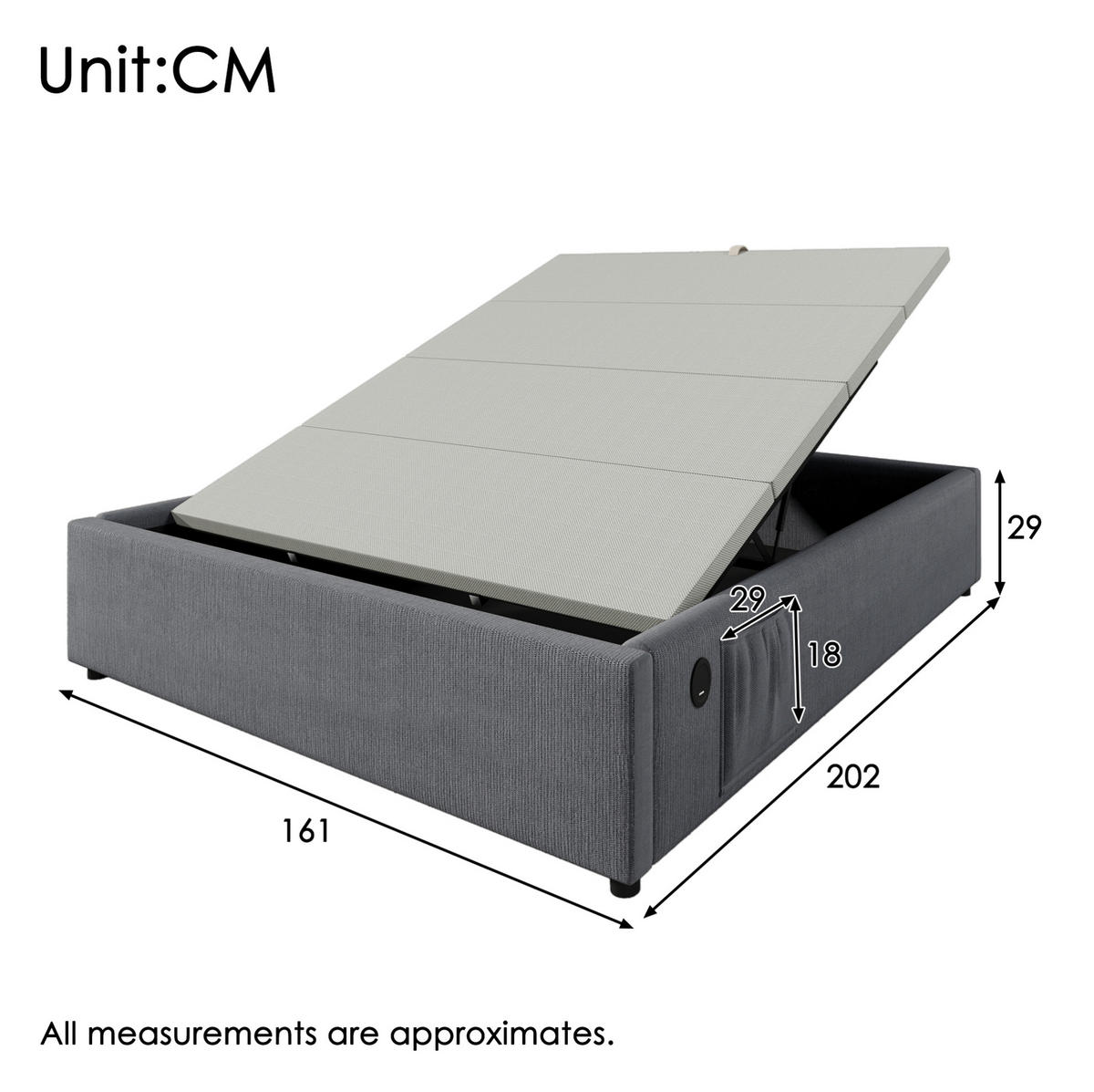 POLSTERBETT 160/200 cm mit USB-C, hydraulischem Stauraum und Voll -Bettboden aus Baumwoll-Leinen, Grau - Grau, Textil (160/200cm) - Redom