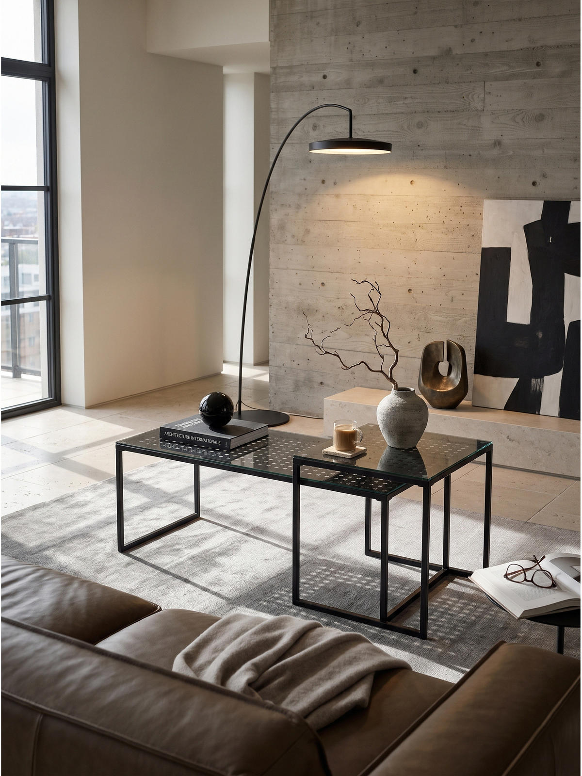 SOFATISCHE 2er-Set ALCUDIA, Einscheibensicherheitsglas, Schwarz, 100 x 40 x 35 cm - Schwarz, Glas/Metall (40/100/35cm) - KADIMA DESIGN