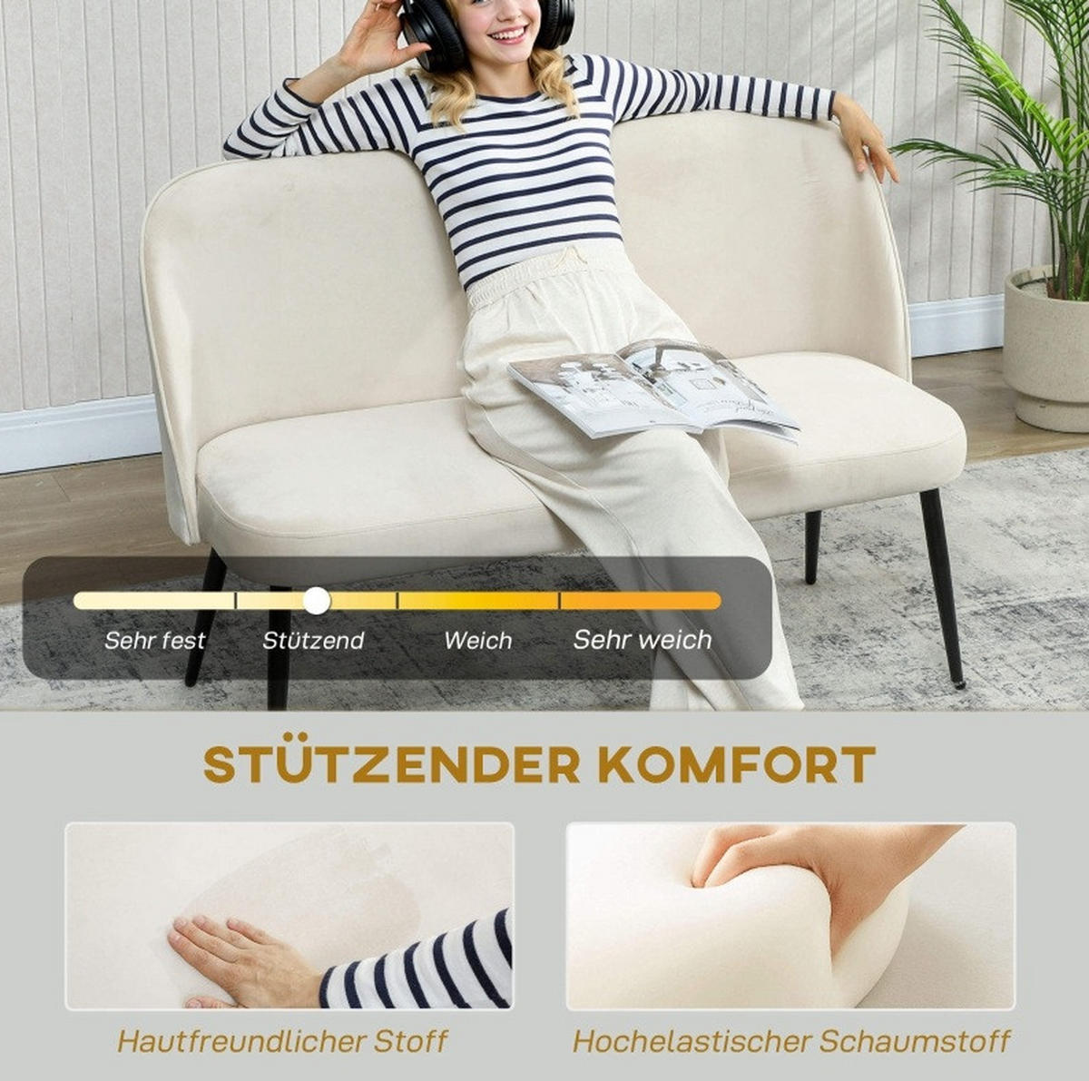2-SITZER 127/63/84.5 cm Beige aus Metall und Eukalyptusholz mit samtartigem Bezug - Beige, Metall (63/84.5/127cm) - OKMYHOME