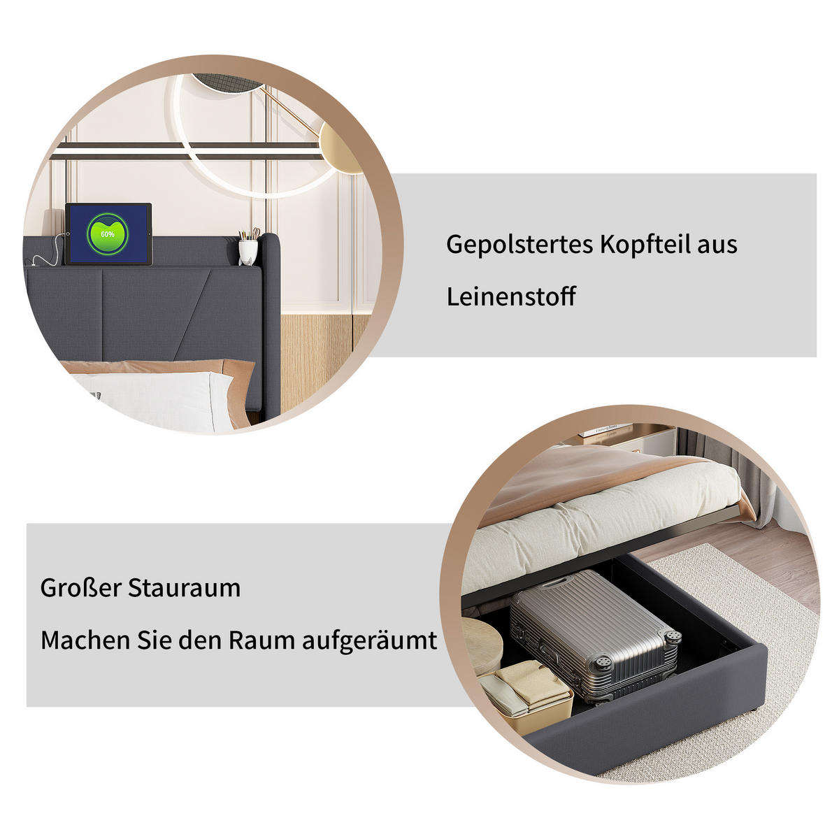 POLSTERBETT 160x200 cm Bettkasten USB Leinen grau - Grau, Holz (160/200cm) - LEBENLANG