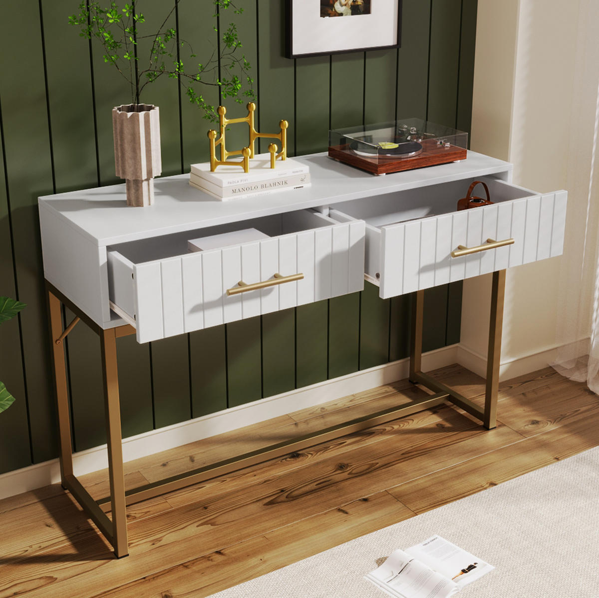 SCHMINKTISCH 100/45/75 cm mit 2 Schubladen, geriffelter Front und Metallsockel aus Spanplatte, Weiß - Weiß, Holzwerkstoff (100/45/75cm) - Redom