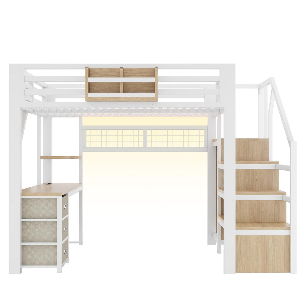 HOCHBETT 140x200 cm in Weiß mit Schreibtisch, Kleiderschrank, LED-Beleuchtung und Stauraum - Weiß, Holzwerkstoff (140/200cm) - IVMEU