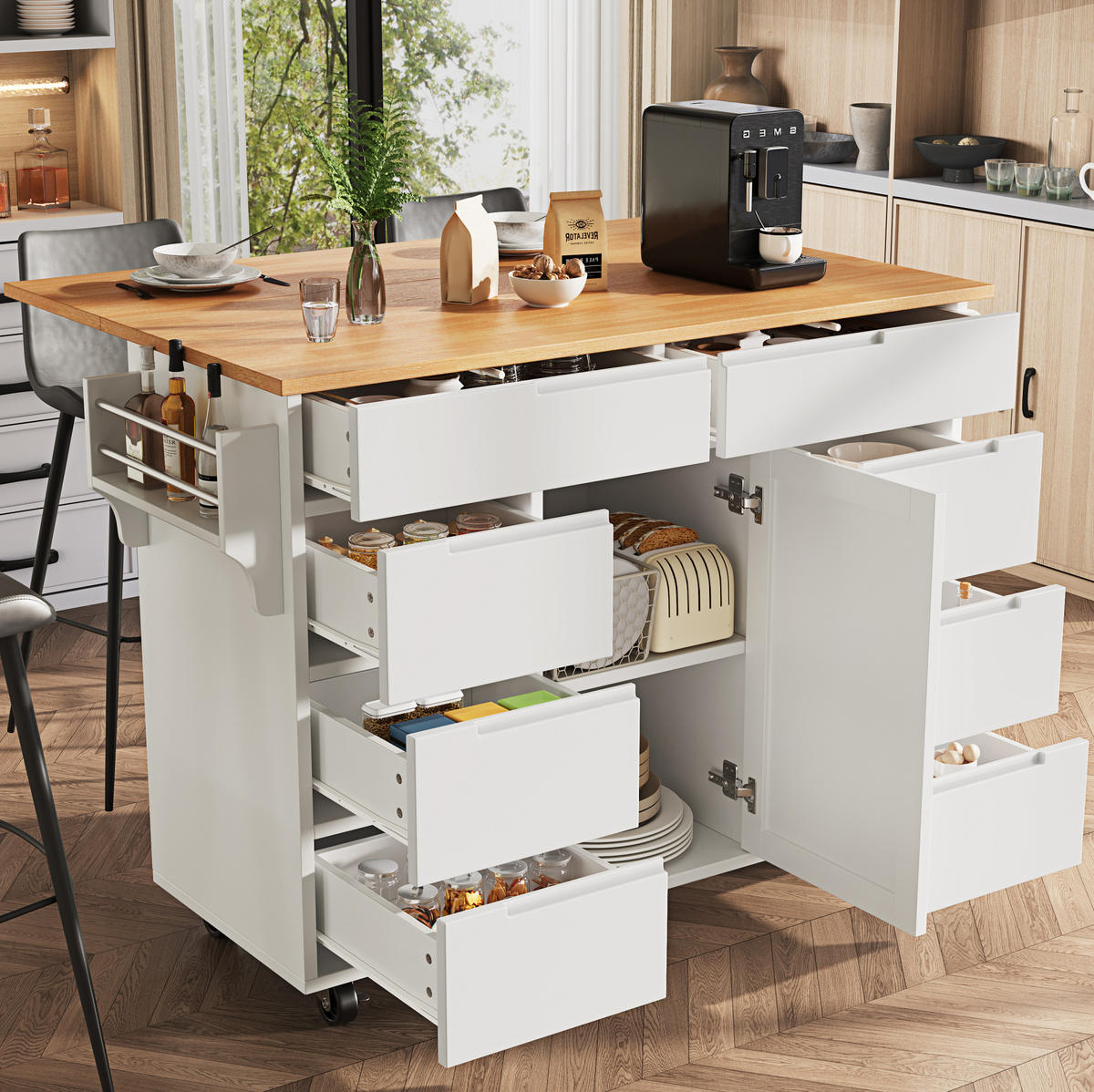 KÜCHENINSEL 122/46/91,5 cm aus MDF mit klappbarer Tischplatte und 8 Schubladen Weiß - Weiß, Holzwerkstoff (122/91.5/74.5cm) - Modenvie