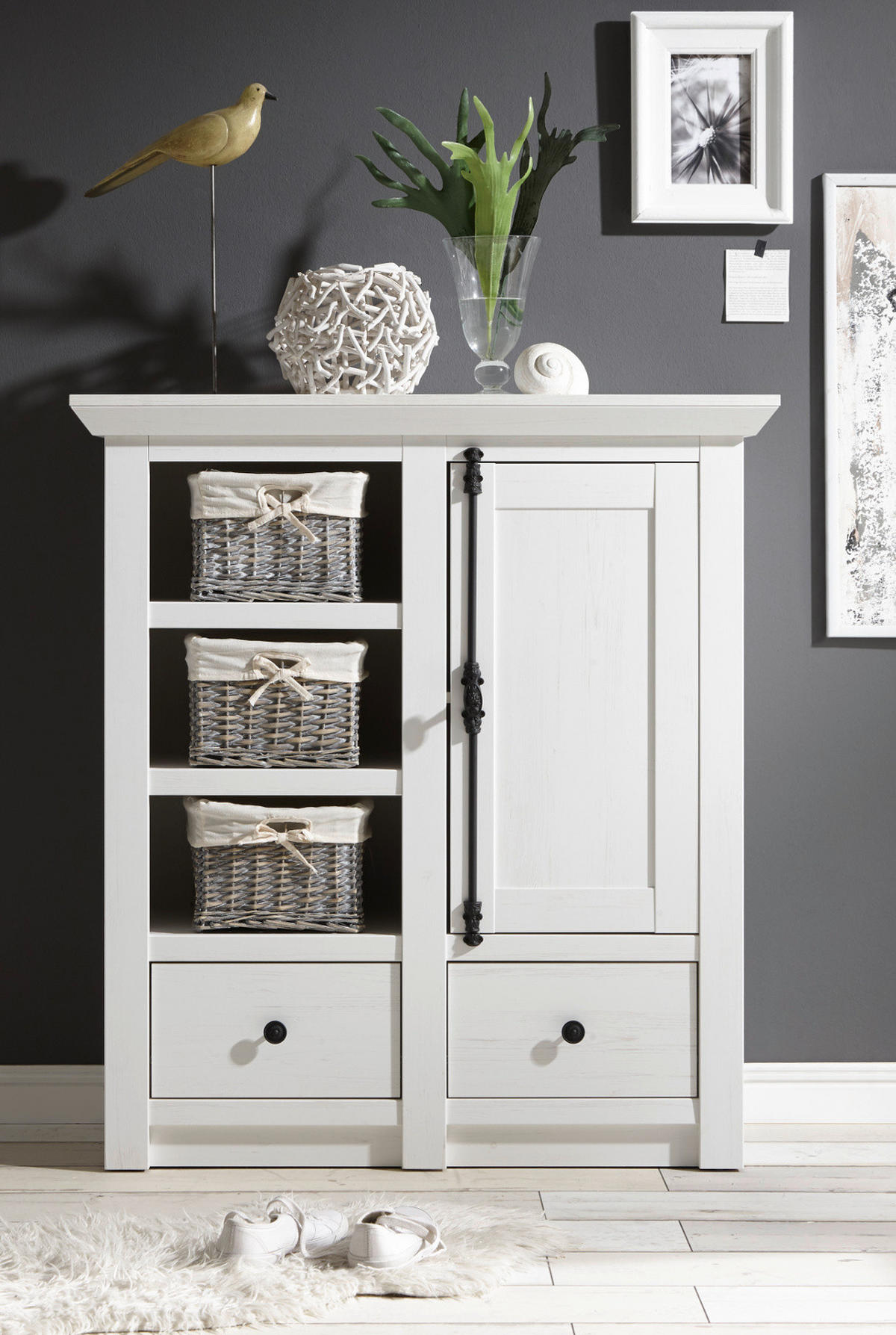 KOMMODE Pinie weiß 105 x 115 cm, Flurkommode Landhaus - Schwarz/Weiß, Holzwerkstoff/Metall (105/115/45cm) - Furn.Design