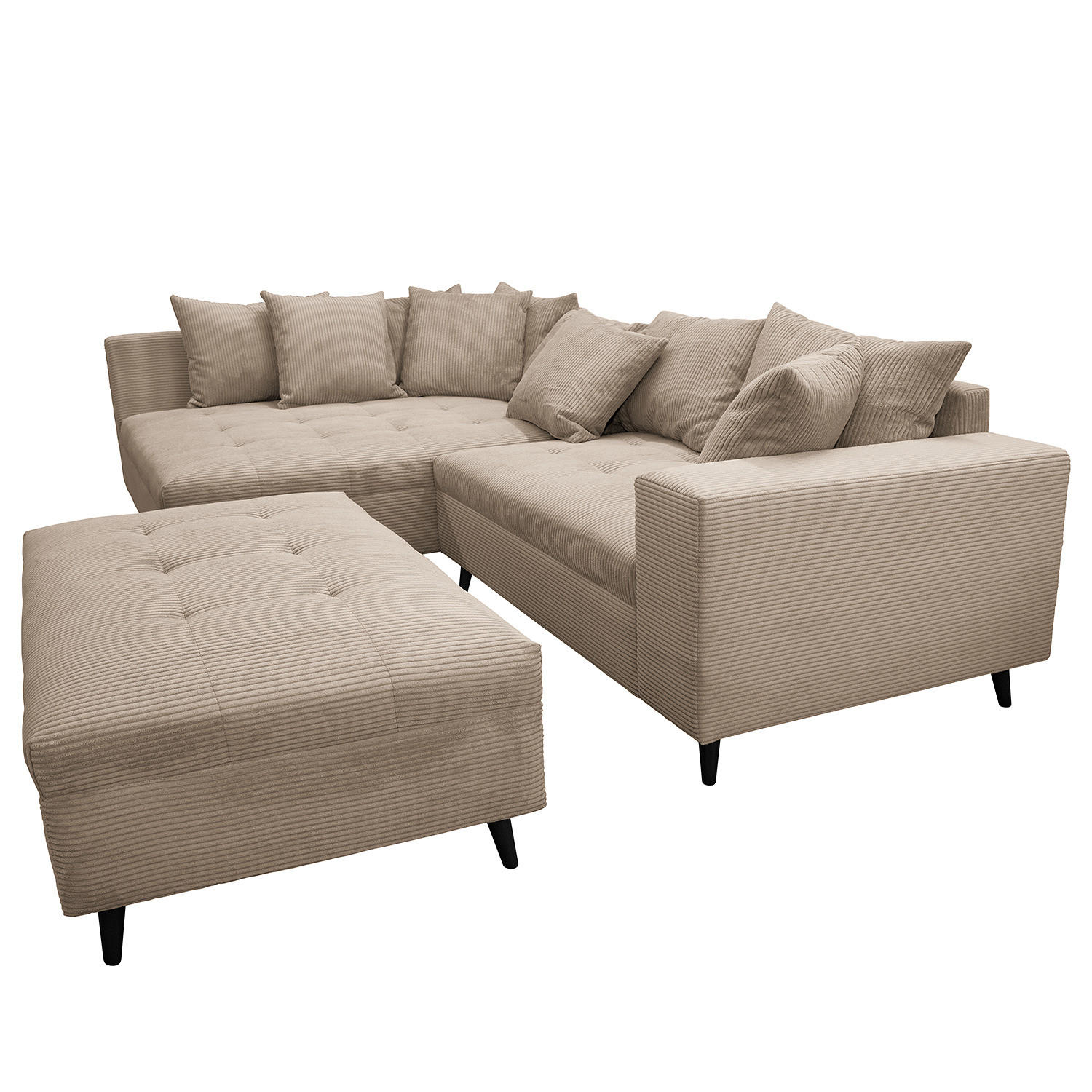 ECKSOFA mit Ottomane und Hocker - Schwarz/Cappuccino, Birkenholz/Textil (247/174cm) - home24