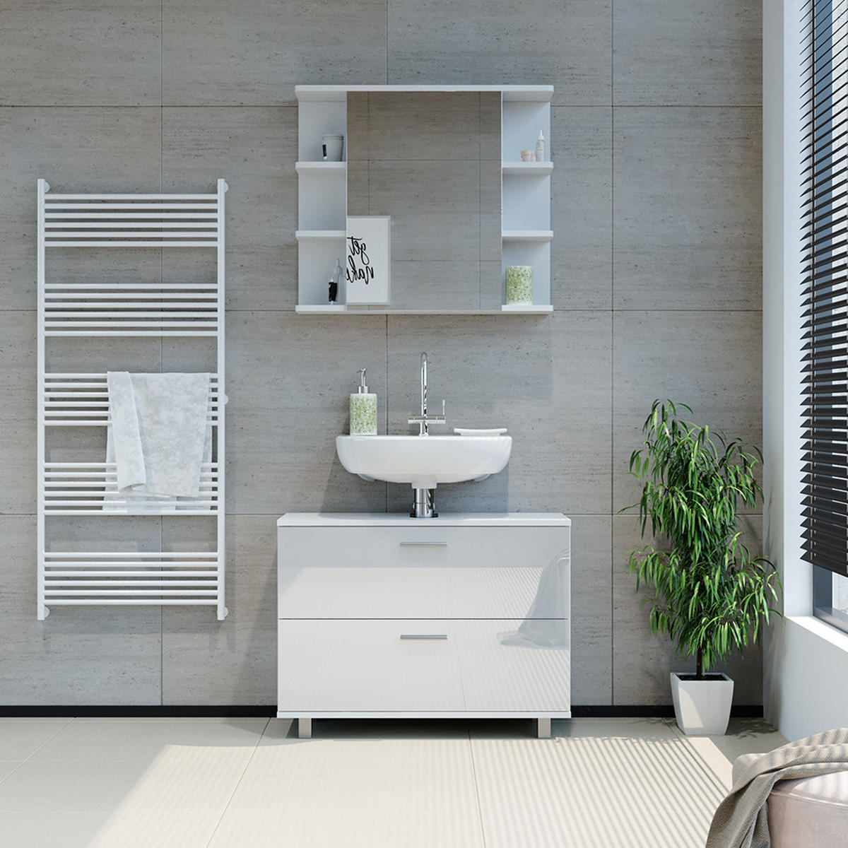 BADMÖBEL-SET Ilias Weiß Hochglanz 2 Teile, Unterschrank 80 cm - Weiß Hochglanz, Holzwerkstoff (80.2/60.8/33cm) - Vicco