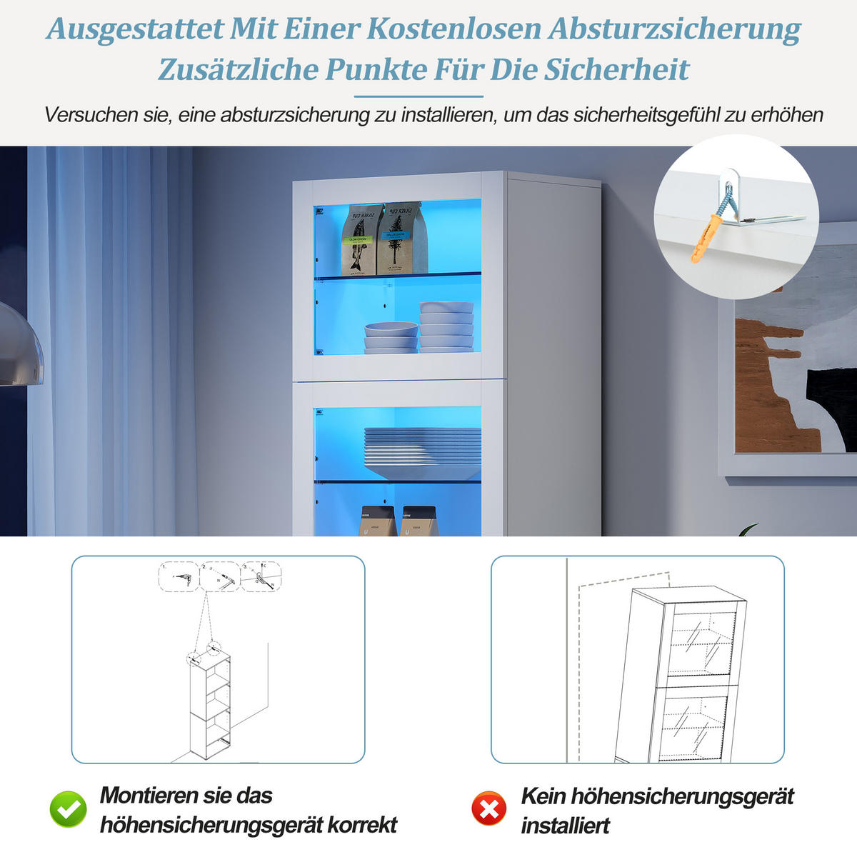 VITRINE LED Hochglanz Acryl Tür 3 Glasböden Weiß 173cm Highboard - Weiß, Glas (60/173/40cm) - FLIEKS