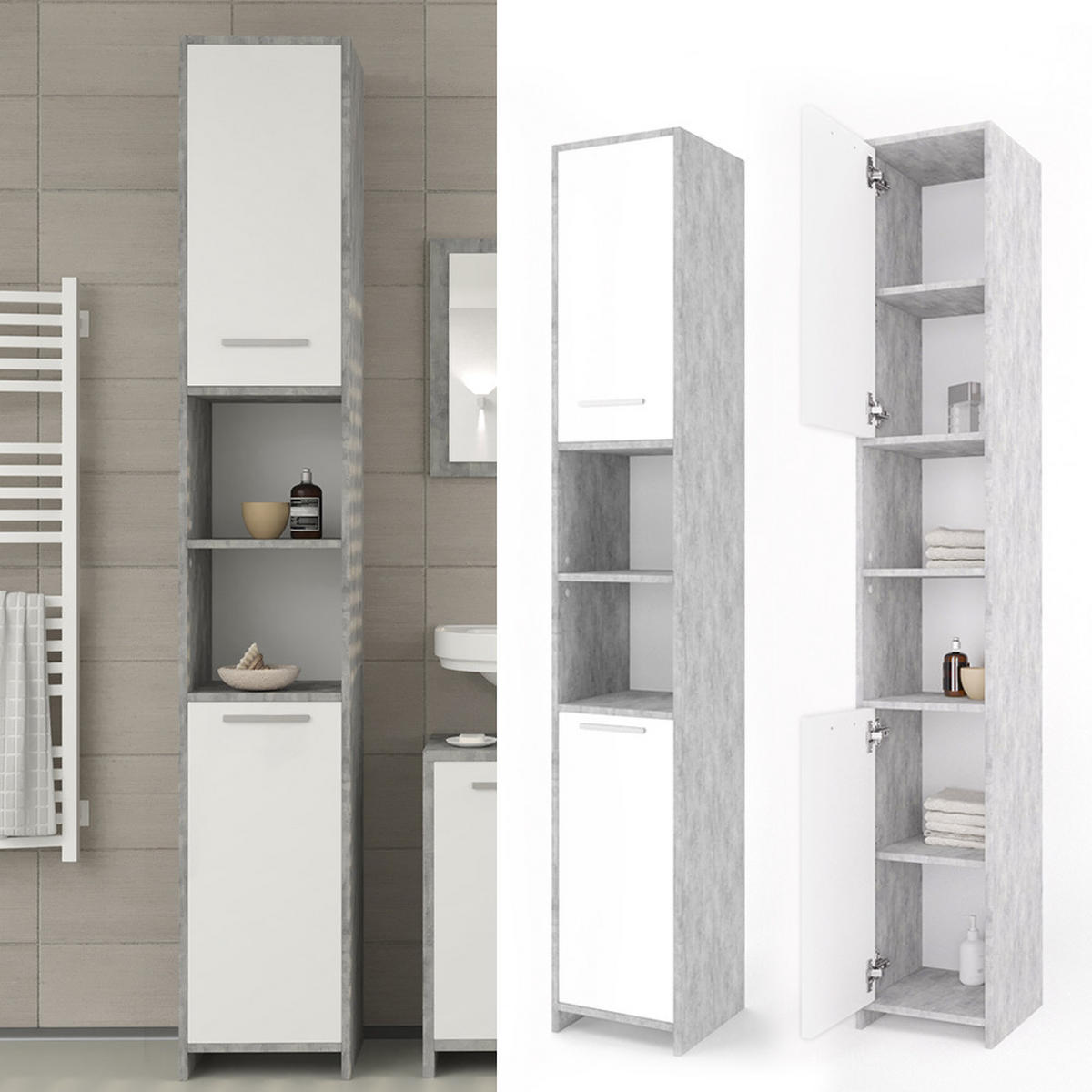 BADSCHRANK Kiko Beton 30 x 190 cm - Weiß/Grau, Holzwerkstoff (30/190/30cm) - Vicco