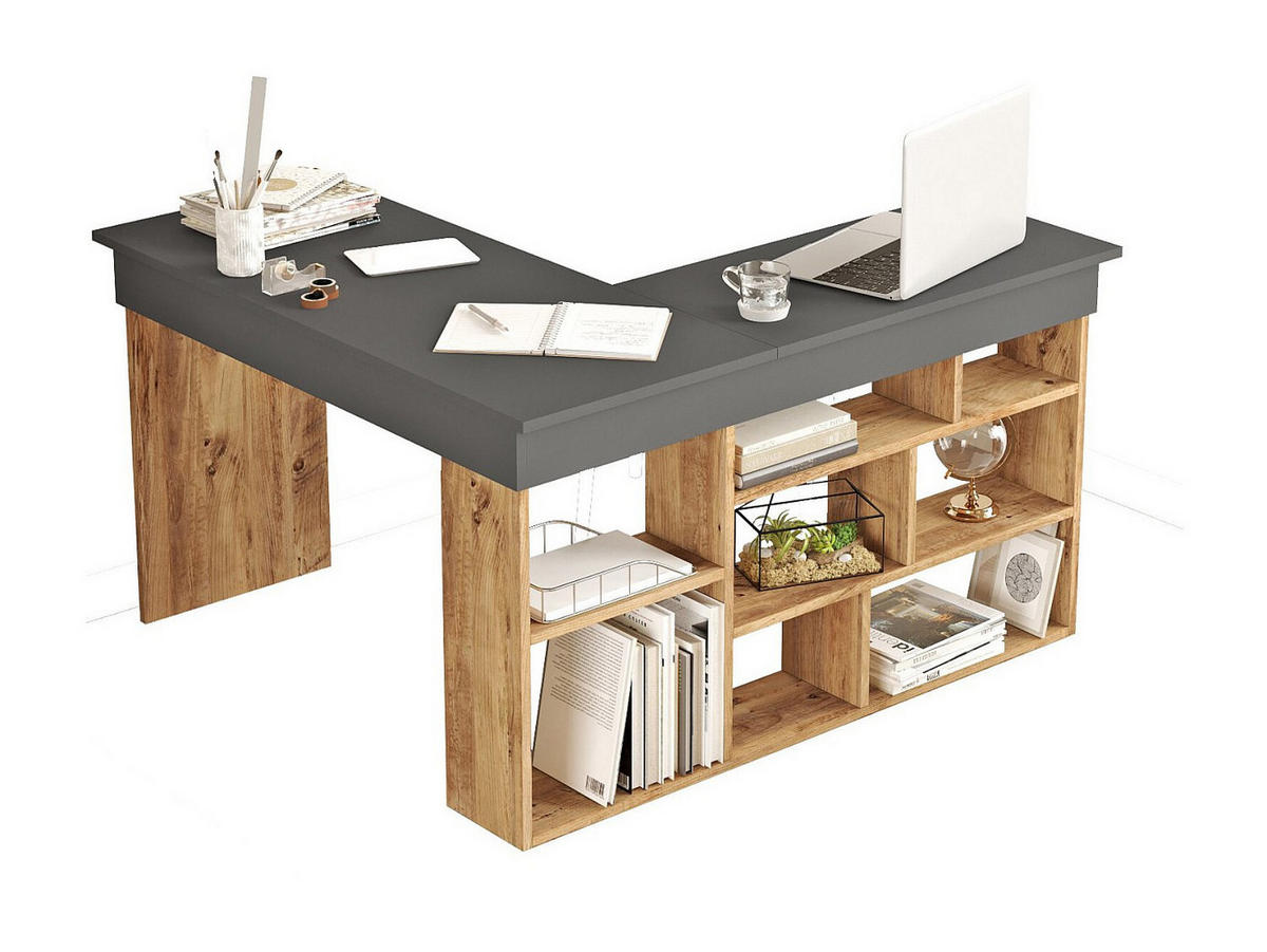 ECKSCHREIBTISCH mit Stauraum - Anthrazit & Holzfarben - LILEUL - Anthrazit, Holz (120/129/72cm) - Vente-Unique