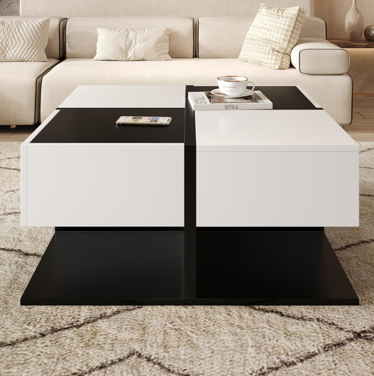 COUCHTISCH aus Spanplatte 70x70x35,5 cm in Schwarz mit 2 Schubladen - Schwarz, Holzwerkstoff (70/70/35.5cm) - Modfu