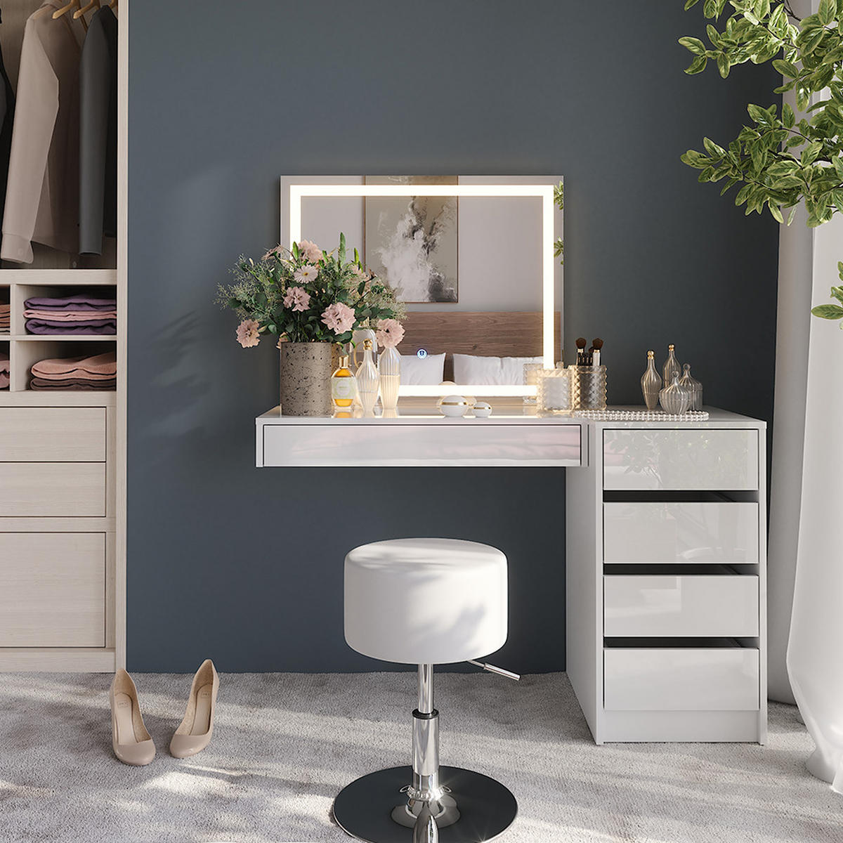 SCHMINKTISCH Sherry Weiß/Weiß Hochglanz 120 cm 4 Teile - Weiß Hochglanz, Holzwerkstoff (120/76/50.1cm) - Vicco