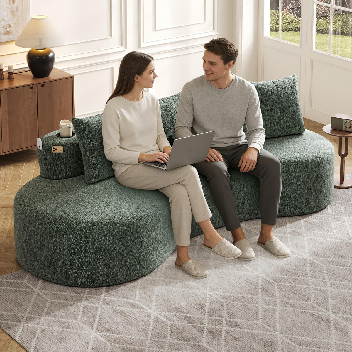 4-SITZER SOFA Leinen Grün mit Becherhaltern, Seitentaschen und mit Kissen - Grün, Textil (240/63/109cm) - WISHDOR