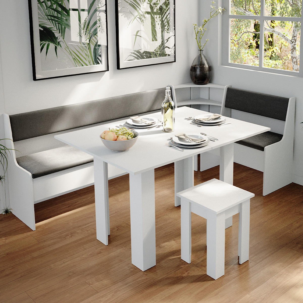 ECKBANKGRUPPE Roman Weiß 210 x 41.5 cm mit Tisch - Anthrazit/Weiß, Holzwerkstoff (210/80/120cm) - Vicco