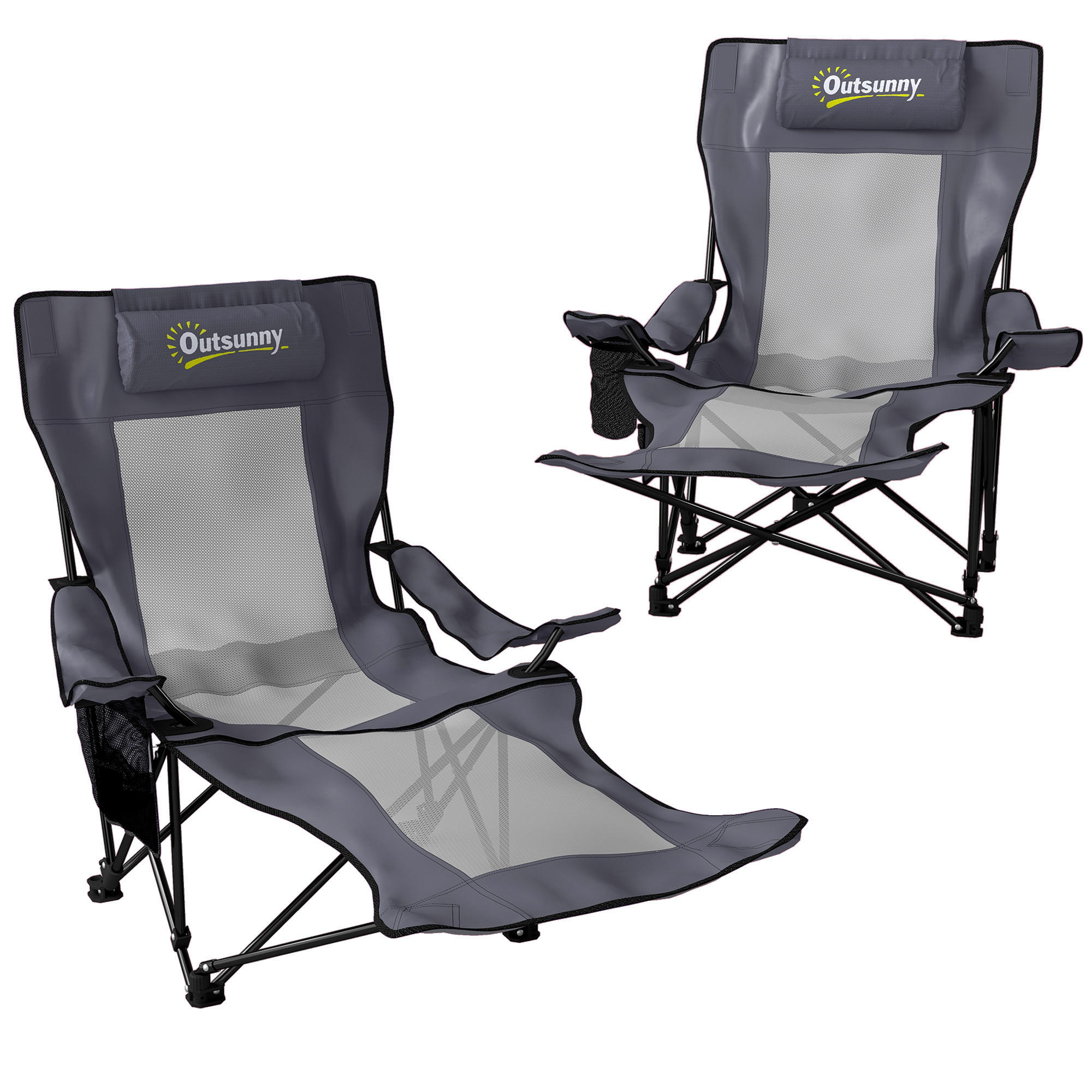 CAMPINGSTUHL mit Fußablage 2er Set Edelstahl, 600D Oxford-Gewebe Dunkelgrau - Dunkelgrau/Schwarz, Metall (80/100/125cm) - Outsunny