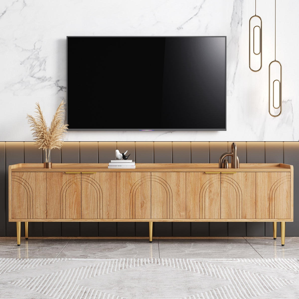 TV-LOWBOARD aus MDF 170x35x47,5 cm Natur mit Stauraum, Kabelmanagement und goldfarbenen Metallbeinen - Naturfarben, Holzwerkstoff (170/47.5/35cm) - IVMEU