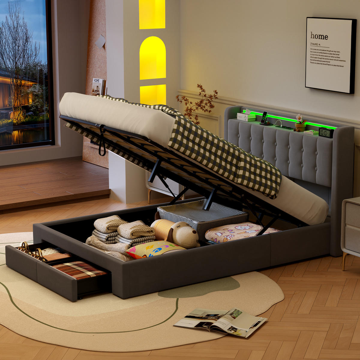 POLSTERBETT 140x190 cm mit Bettkasten und Schubladen,mit LED-Beleuchtung,Grau - Grau, Holzwerkstoff/Textil (140/190cm) - EVRYAE