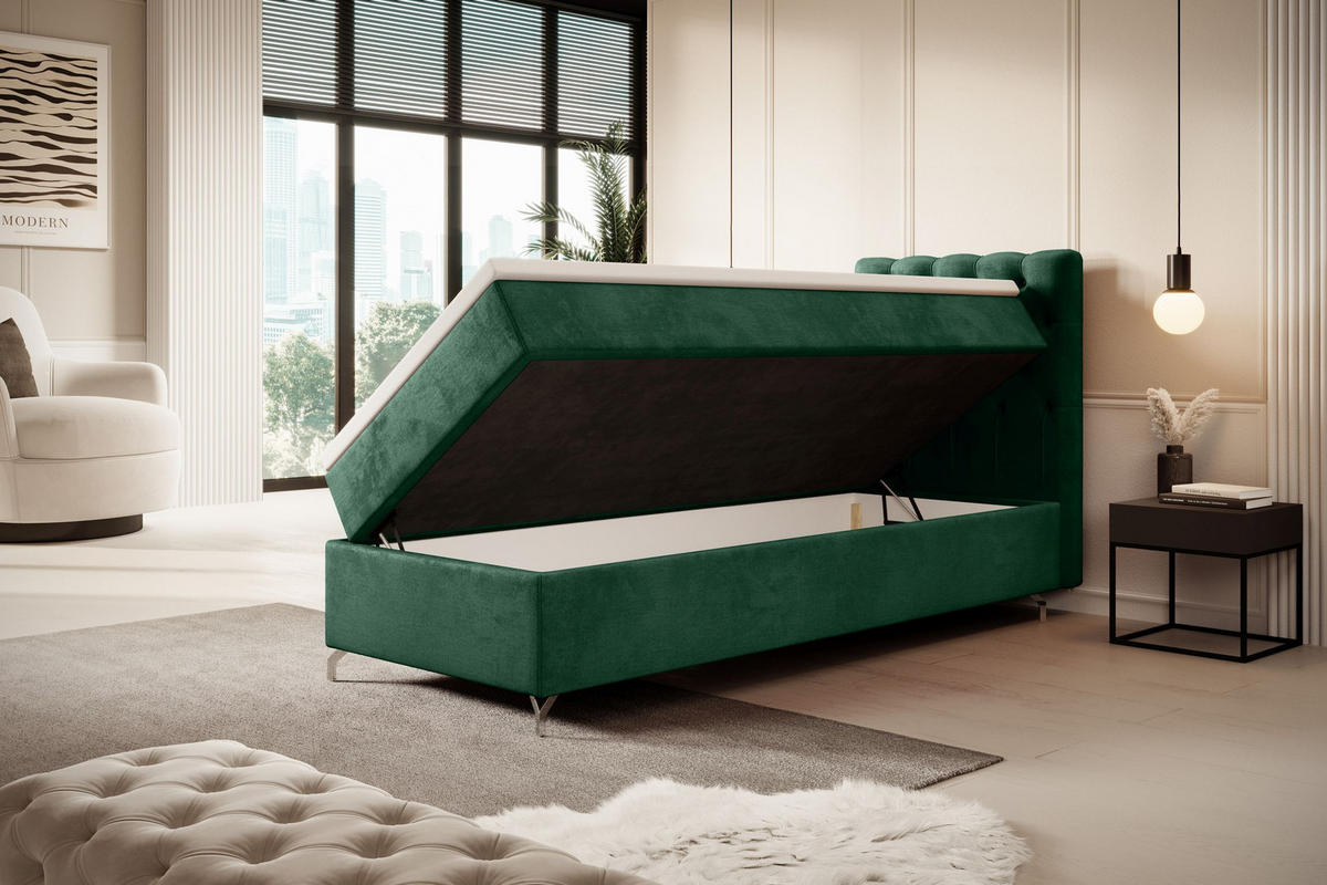BOXBETT CHESTER mit Matratze H3, Bonell und Topper 90x200 Monolith 37 Rechts - Dunkelgrün, Textil (90/200cm) - Bedante