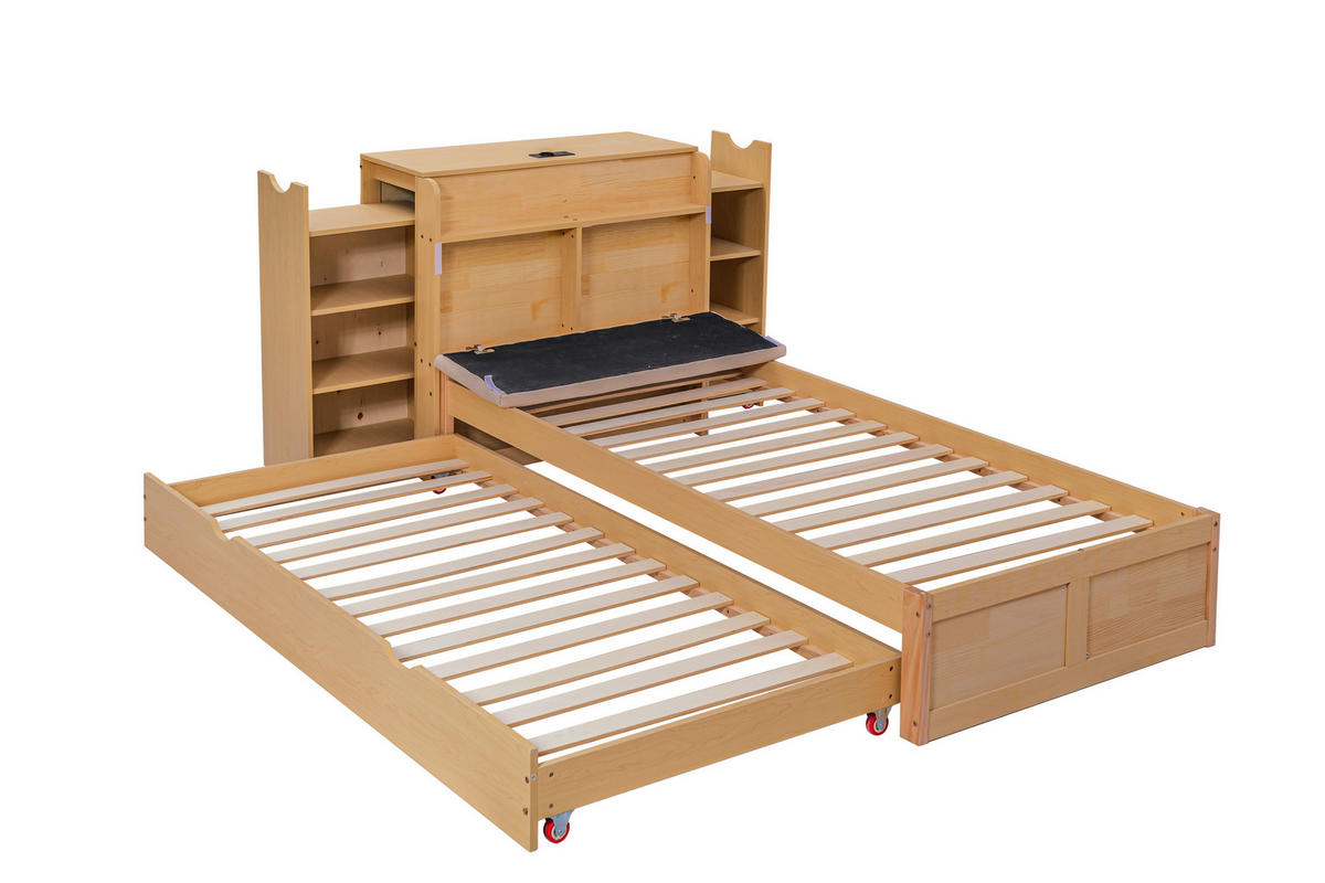BETT mit Ausziehbett 90x200 cm Holzwerkstoff Natur - Braun, Holz (90/200cm) - Meubliv
