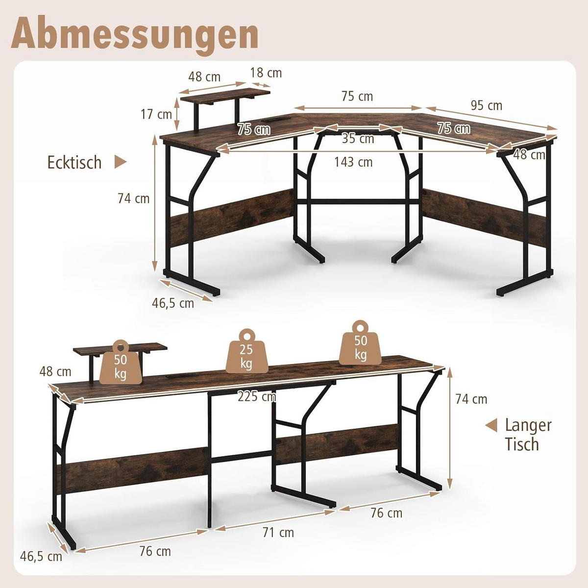 SKRIVBORD 91 cm Brun - Brun, Trä (148/148/91cm) - COSTWAY