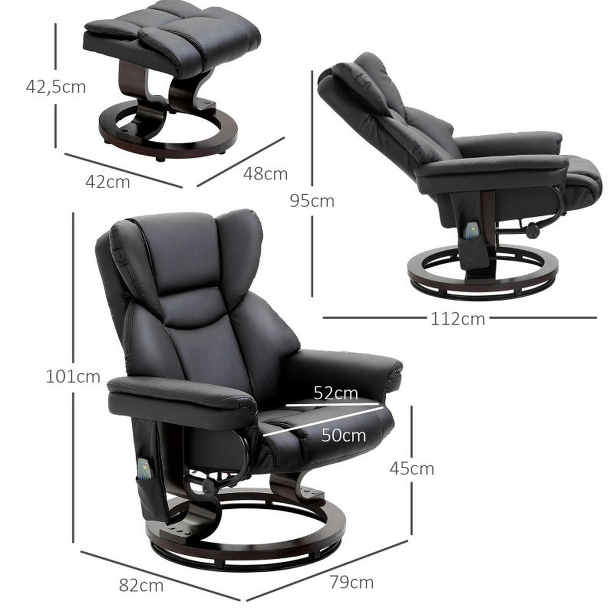 RELAXSESSEL 79/101/82 cm Schwarz aus Kunstleder mit Massagefunktion - Schwarz, Kunststoff (82/101/79cm) - OKMYHOME