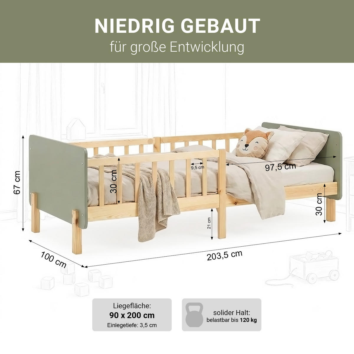 KINDERBETT Grün 90/200 cm Lattenrost Rausfallschutz - Grün, Holz (100/67/208cm) - Homestyle4u