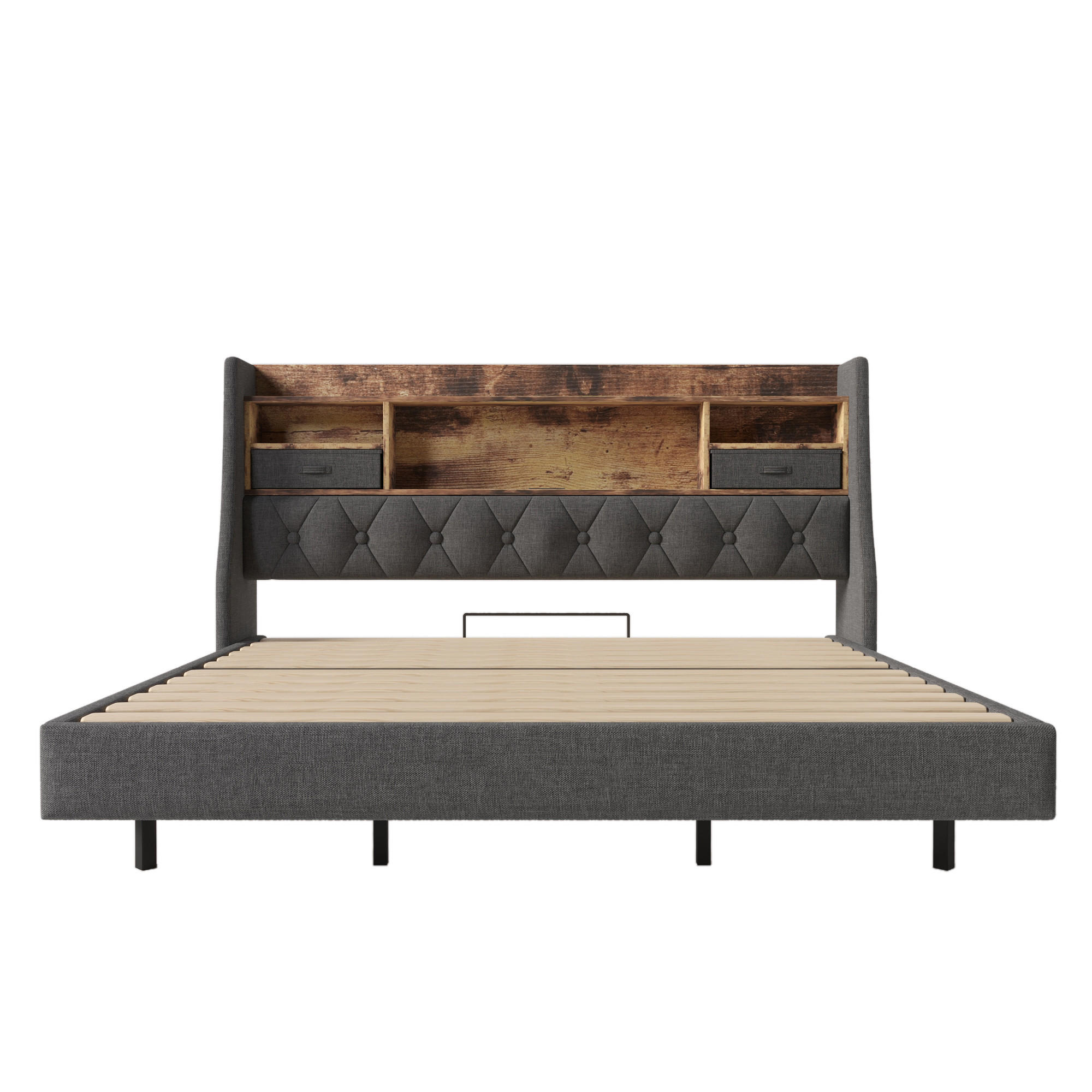 POLSTERBETT 180/200 cm Grau mit LED-Beleuchtung, Kopfteil mit Stauraum, Typ-C-Anschluss und USB-Anschluss - Grau, Textil (180/200cm) - Oxeza