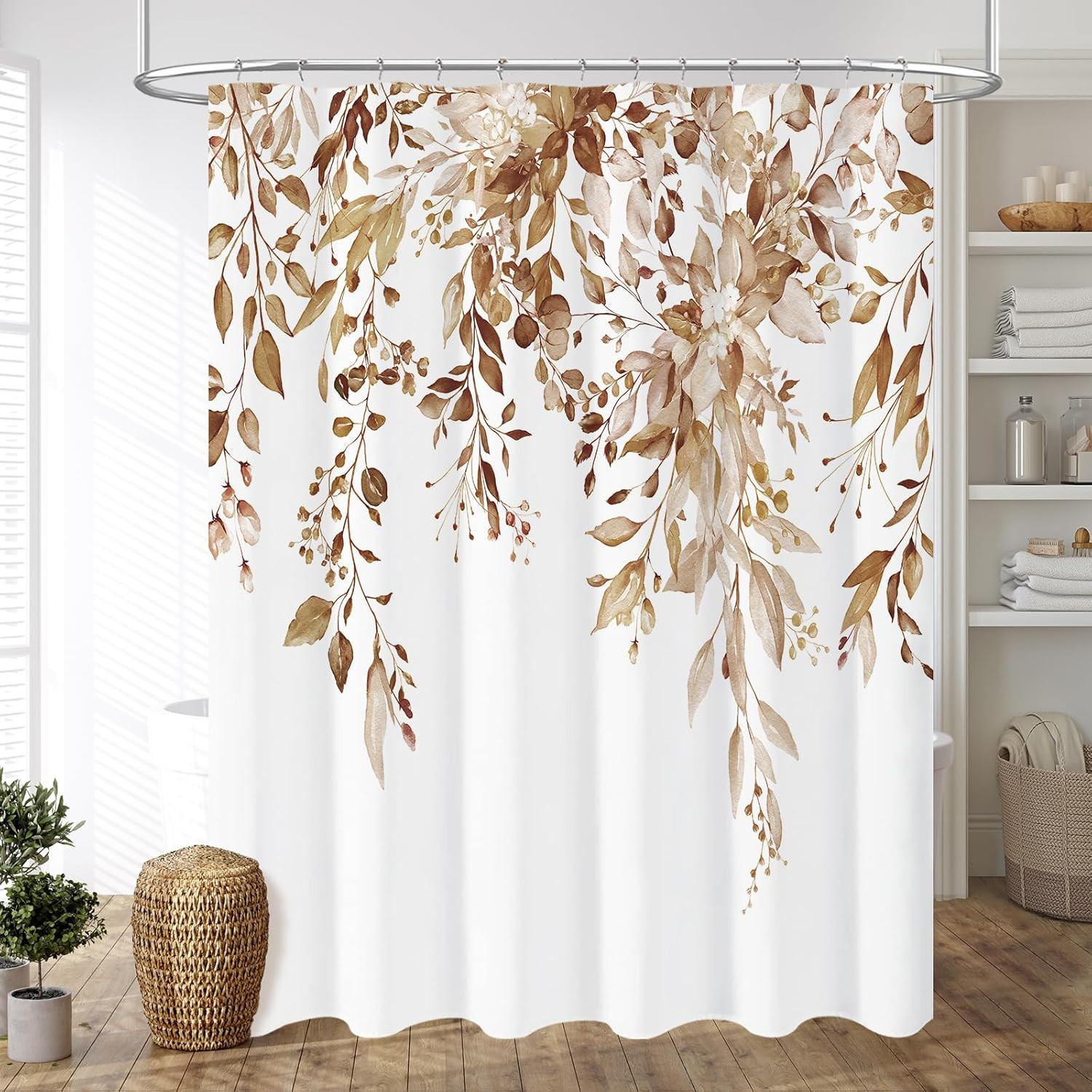 DUSCHVORHANG Braun Aquarell Blätter Blumen Pflanzen Muster wasserdicht Dekoration Badezimmer mit Haken - Braun, Textil (200/180cm) - MCBOSON