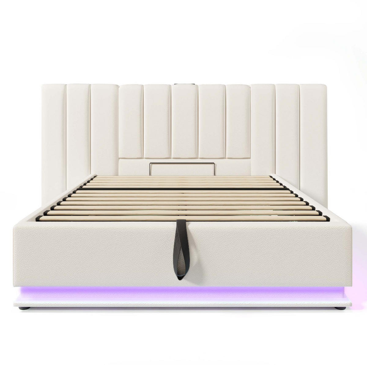 BETT mit Stauraum 160x200 cm PU Weiß mit LED und USB-C - Weiß, Metall (160/200cm) - Meubliv