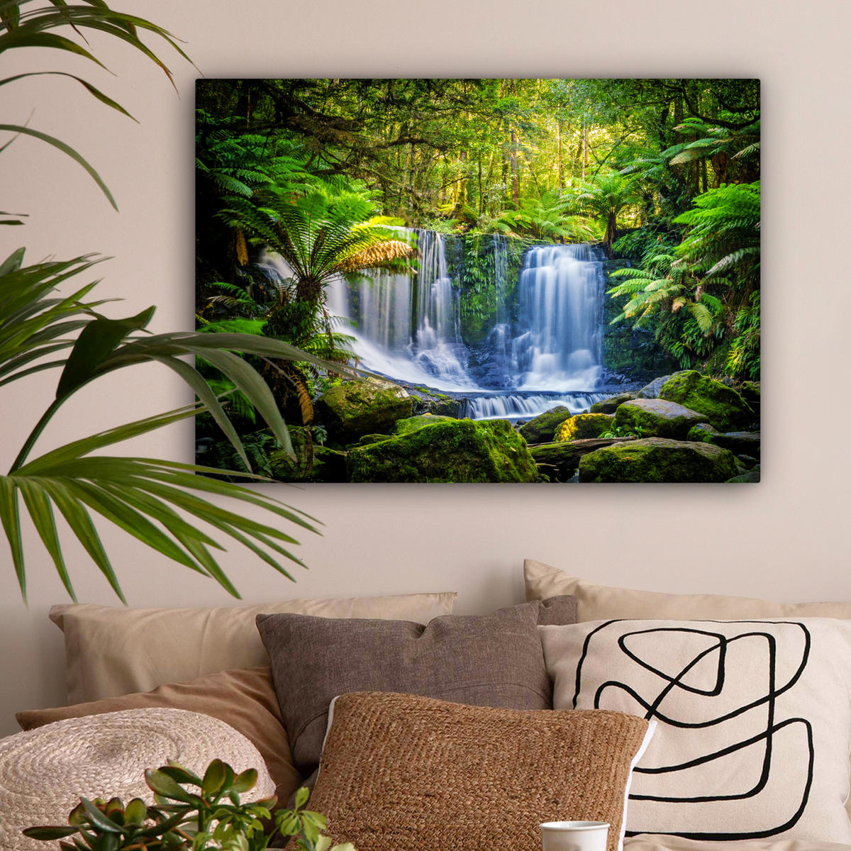 LEINWANDBILD Dschungel - Wasserfall - Australien - Pflanzen - Natur Wandbilder 80x60 cm - Dunkelgrün, Textil (80/60cm) - MuchoWow