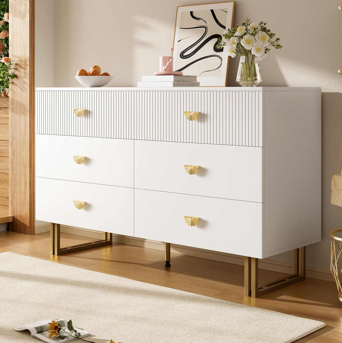 SIDEBOARD 120/40/75 cm mit 6 Schubladen in Weiß und goldfarbenen Griffen - Weiß, Holzwerkstoff (120/75/40cm) - BEAOK