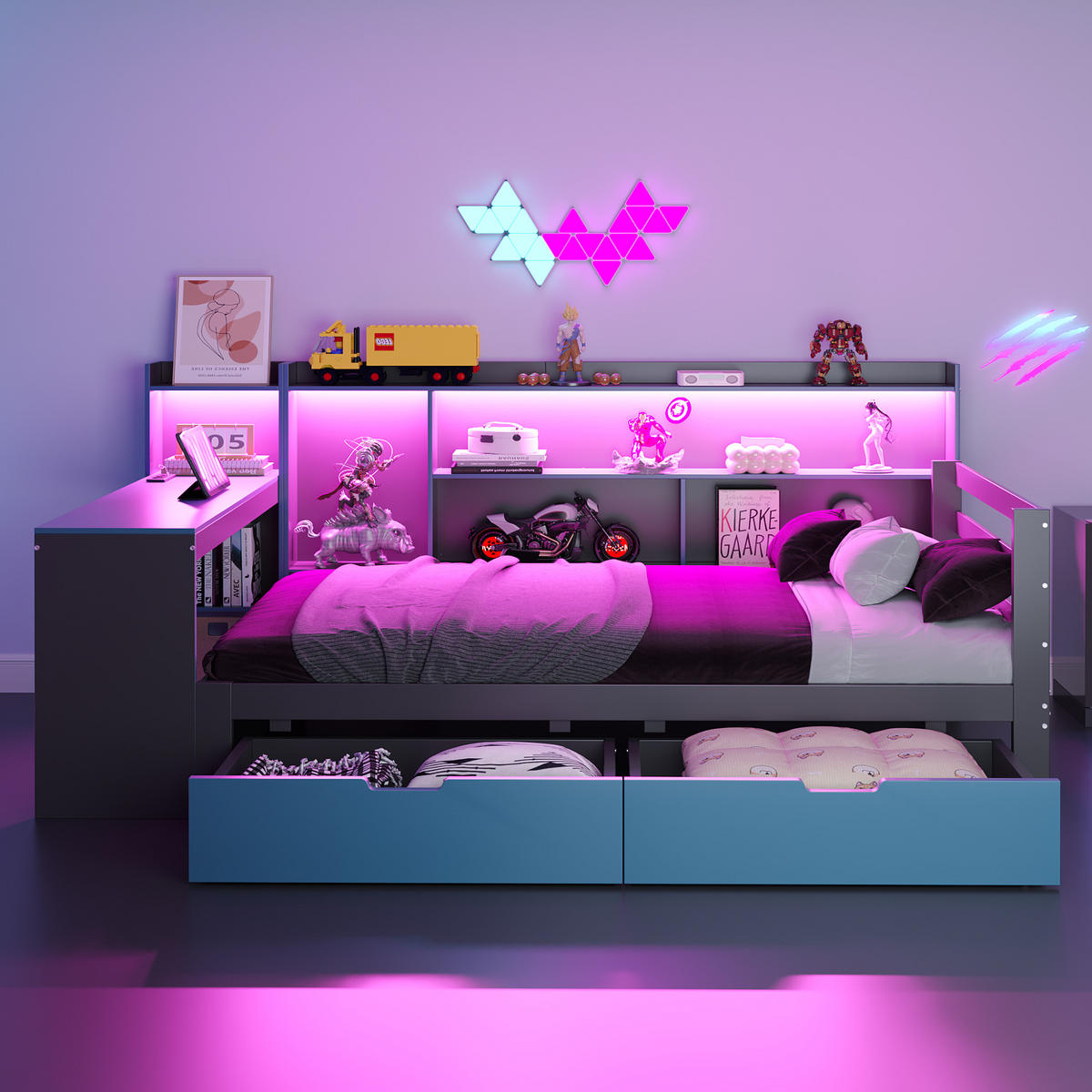 KINDERBETT 90/200 cm DE-01551, in Schwarz + Blau, mit Schreibtisch, Bücherregal und LED - Blau, Holz (90/200cm) - ComfortXL